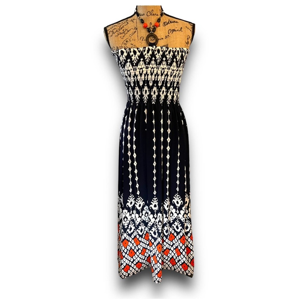 MAGIC orange black & white print MAXIDRESS beaded halter elastic bodice SZ M